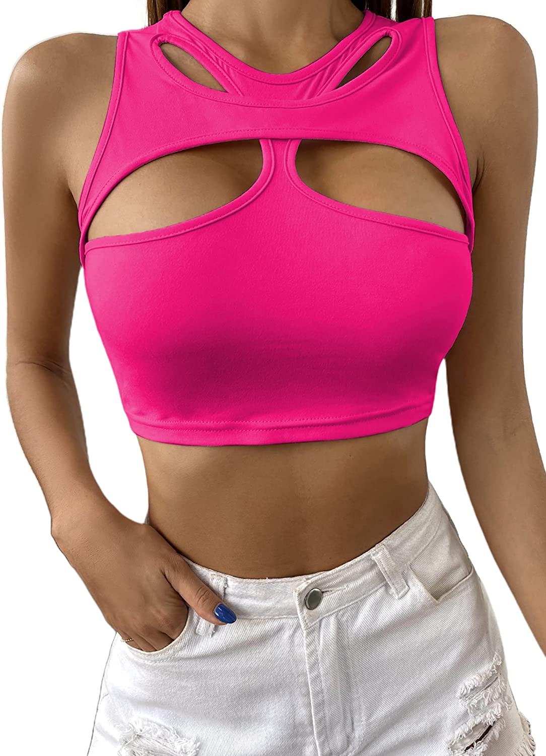 230816053118814_1 Remidoo Women's Sexy Strap Asymmetrical Neck Cutout Ribbed Knit Slim Fit Cami Crop Top - Image 1